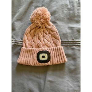 Night Scope Pink Cable Knit Beanie Hat w/ Rechargeable LED Light with Pom Pom